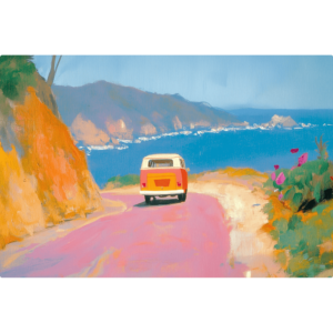Vintage VW Van Coastal Cruise - A red and orange vintage van cruising along a coastal highway.