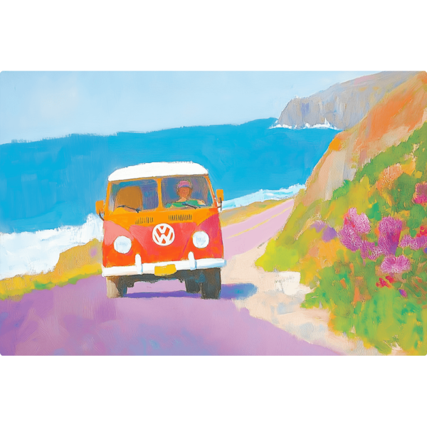 Retro VW Van driving along the coast in a painted scene.