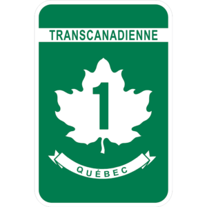 A green and white Transcanadienne Quebec Highway Sign.