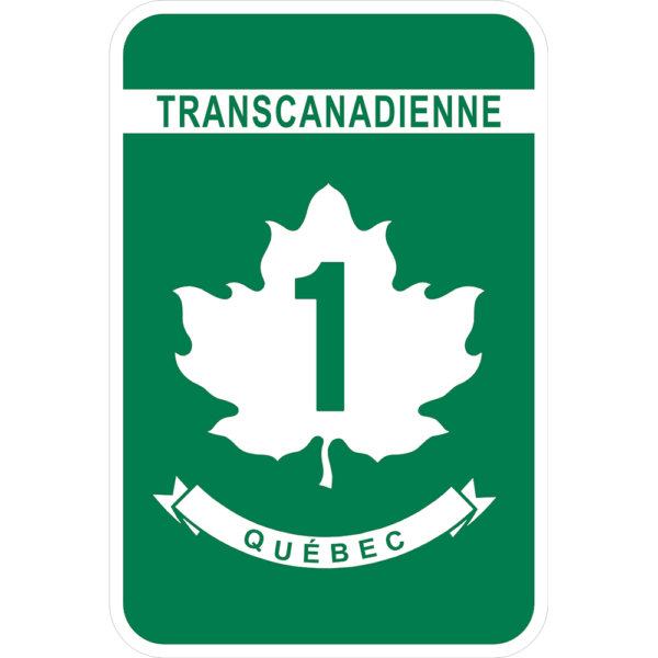 A green and white Transcanadienne Quebec Highway Sign.