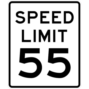 A R2-1 Speed Limit 55 sign in black text.