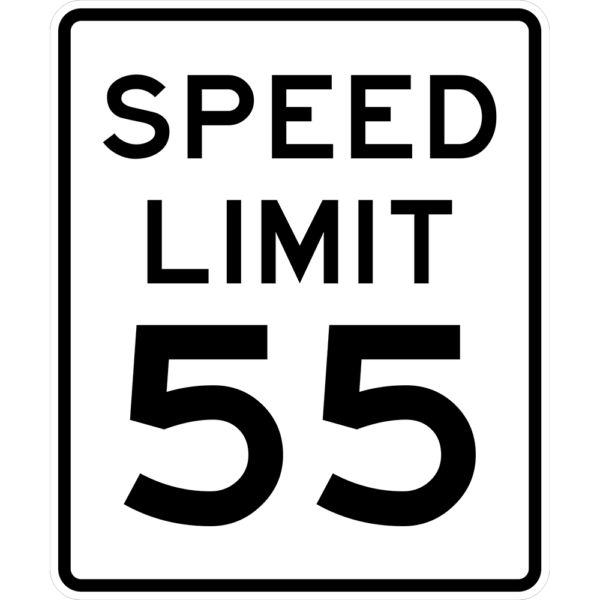 A R2-1 Speed Limit 55 sign in black text.