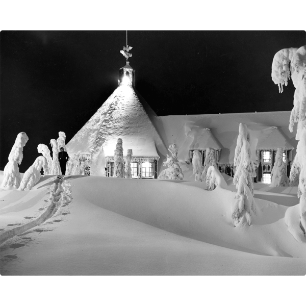 Timberline Lodge Ski Trail at Night in black and white. Ray Atkeson Ski Photography Collection