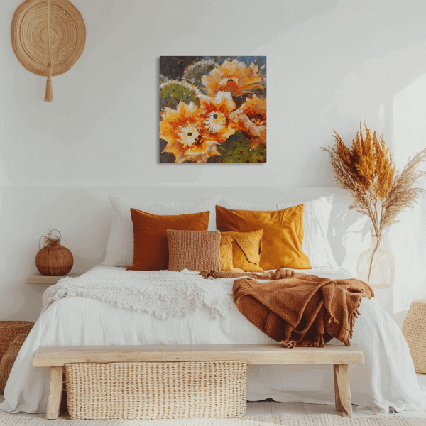 Circles hung up on a wall above a bed.