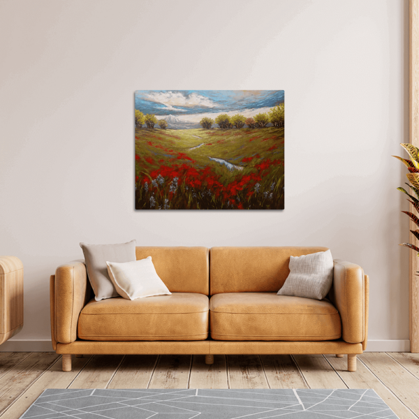 A print of Mountain Stream Meadow hung up on a wall above a couch.